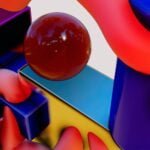 a red ball sitting on top of a colorful object